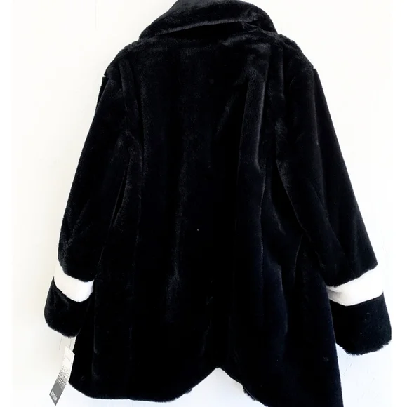 Kensie Black Faux Fur Teddy Coat with White Sleeve Bands - Picture 2 of 6
